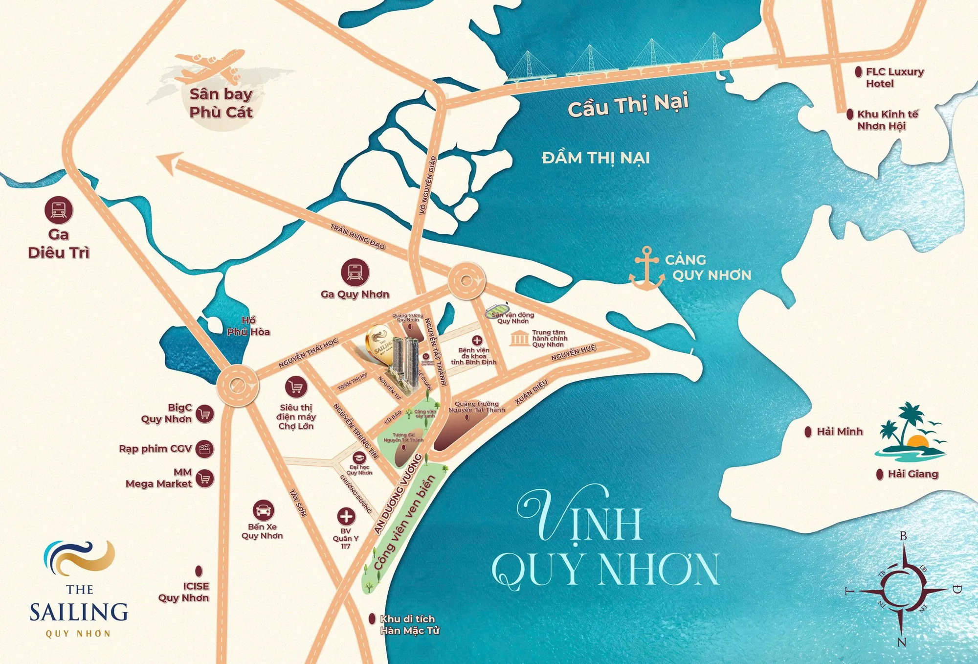 Location map of The Sailing Quy Nhon on Le Duan Street near Quy Nhon Beach, connecting Phu Cat Airport, Thi Nai Bridge and Quy Nhon Port