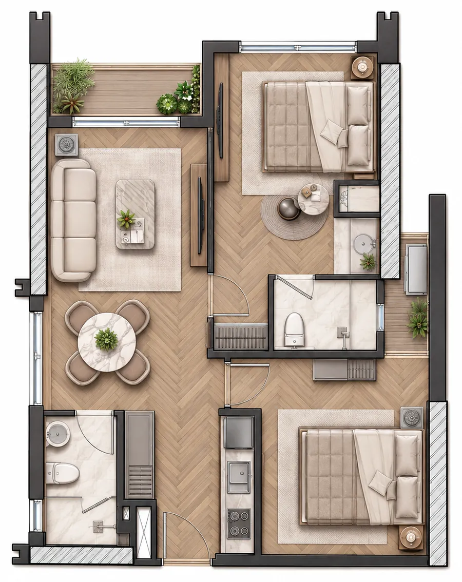 Layout of unit A1 – 2 bedrooms