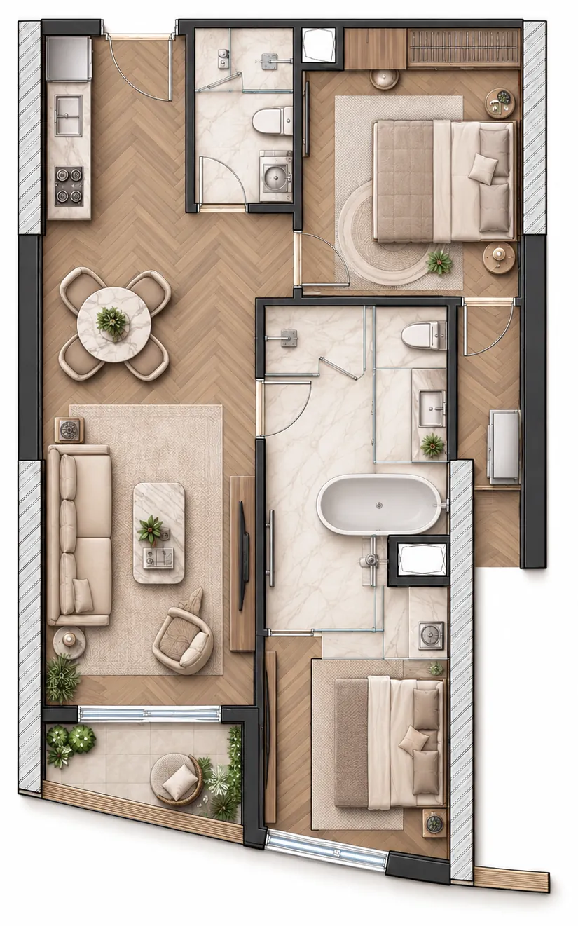 Layout of unit A15 – 2 bedrooms