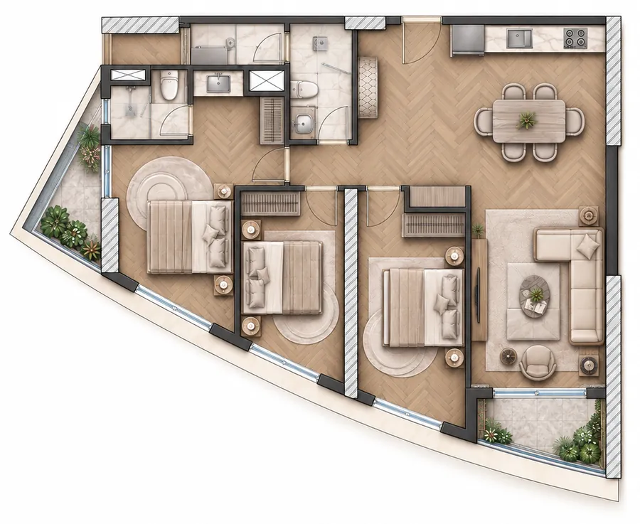 Layout of unit A16 – 3 bedrooms