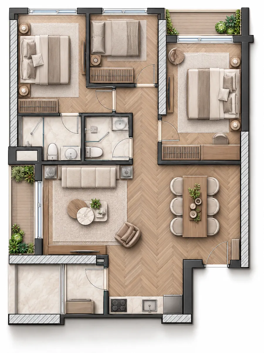 Layout of unit A17 – 3 bedrooms