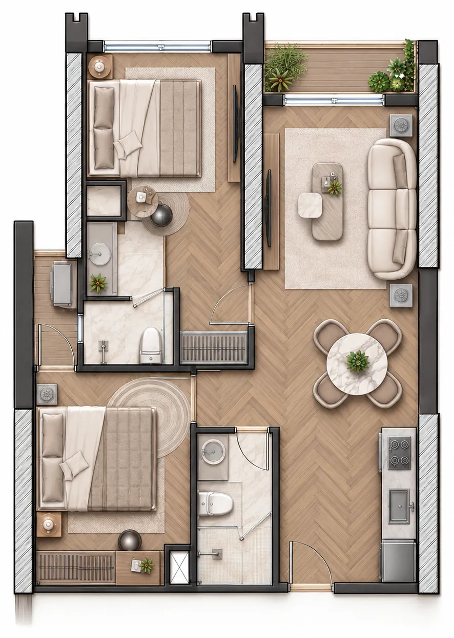 Layout of unit A2 – 2 bedrooms