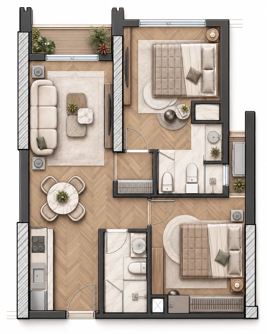 Layout of unit A3 – 2 bedrooms