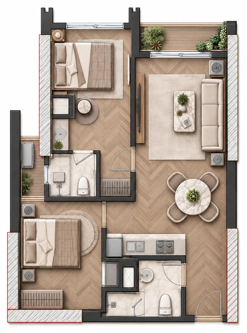 Layout of unit A3A – 2 bedrooms