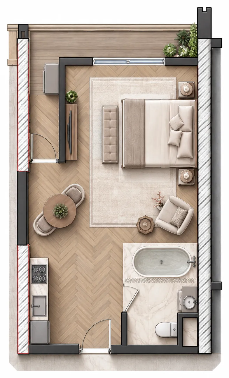 Layout of unit A5 – 1 bedroom