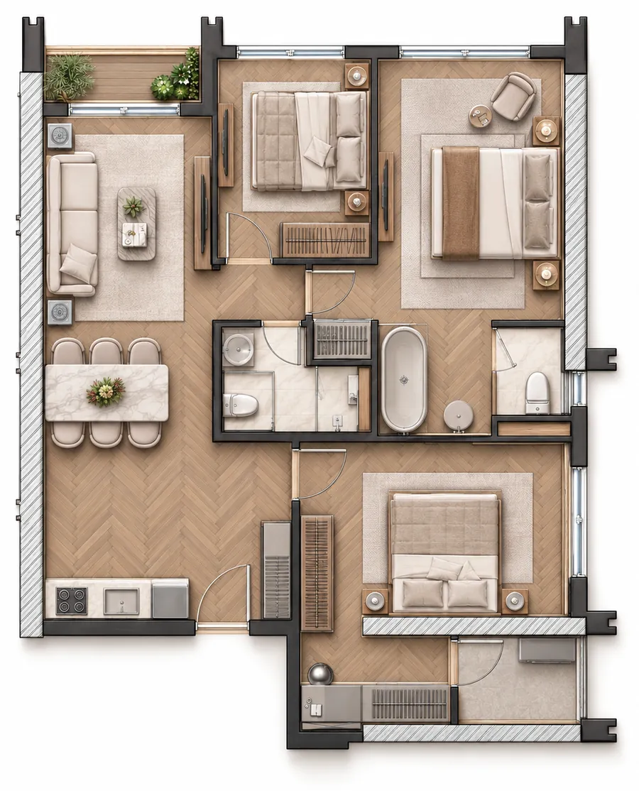 Layout of unit A6 – 3 bedrooms