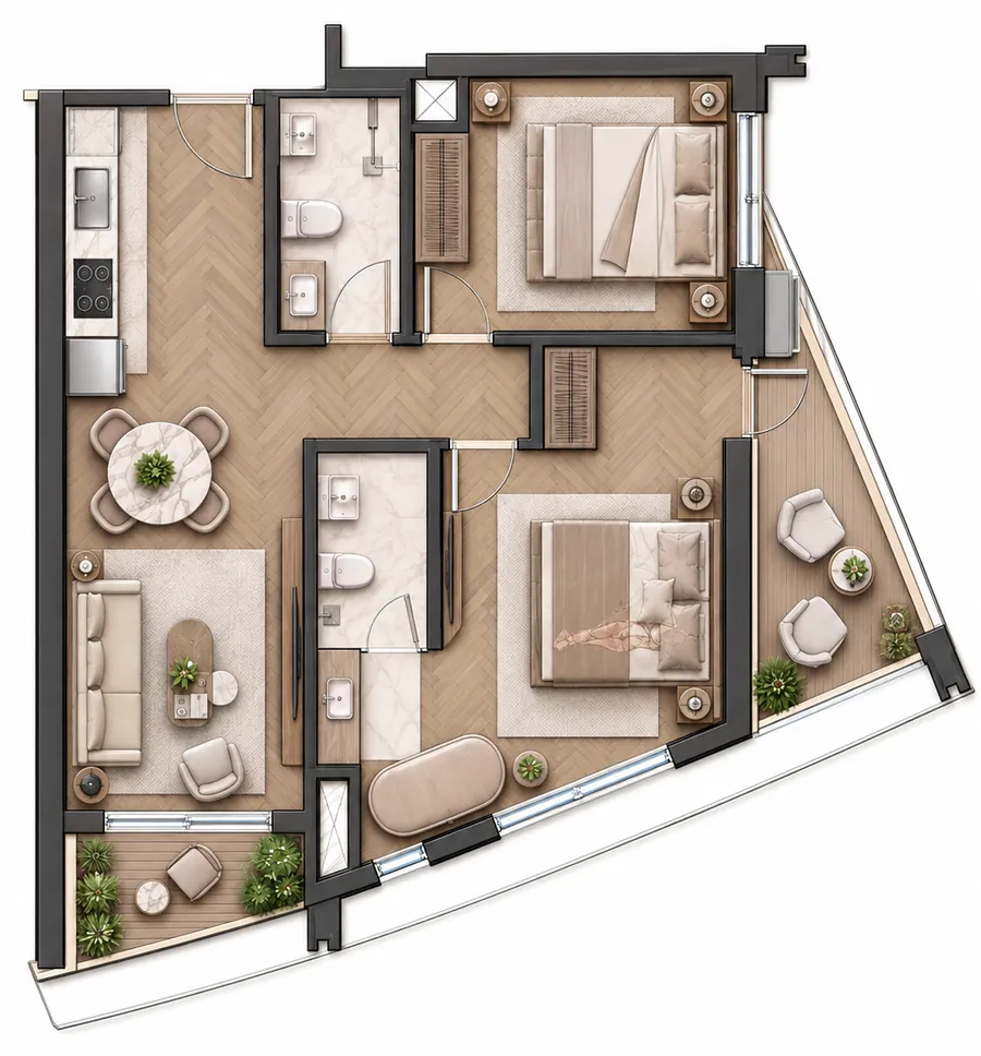 Layout of unit A7 – 2 bedrooms