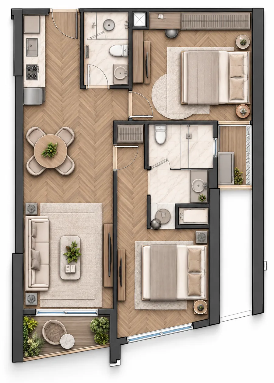 Layout of unit A8 – 2 bedrooms