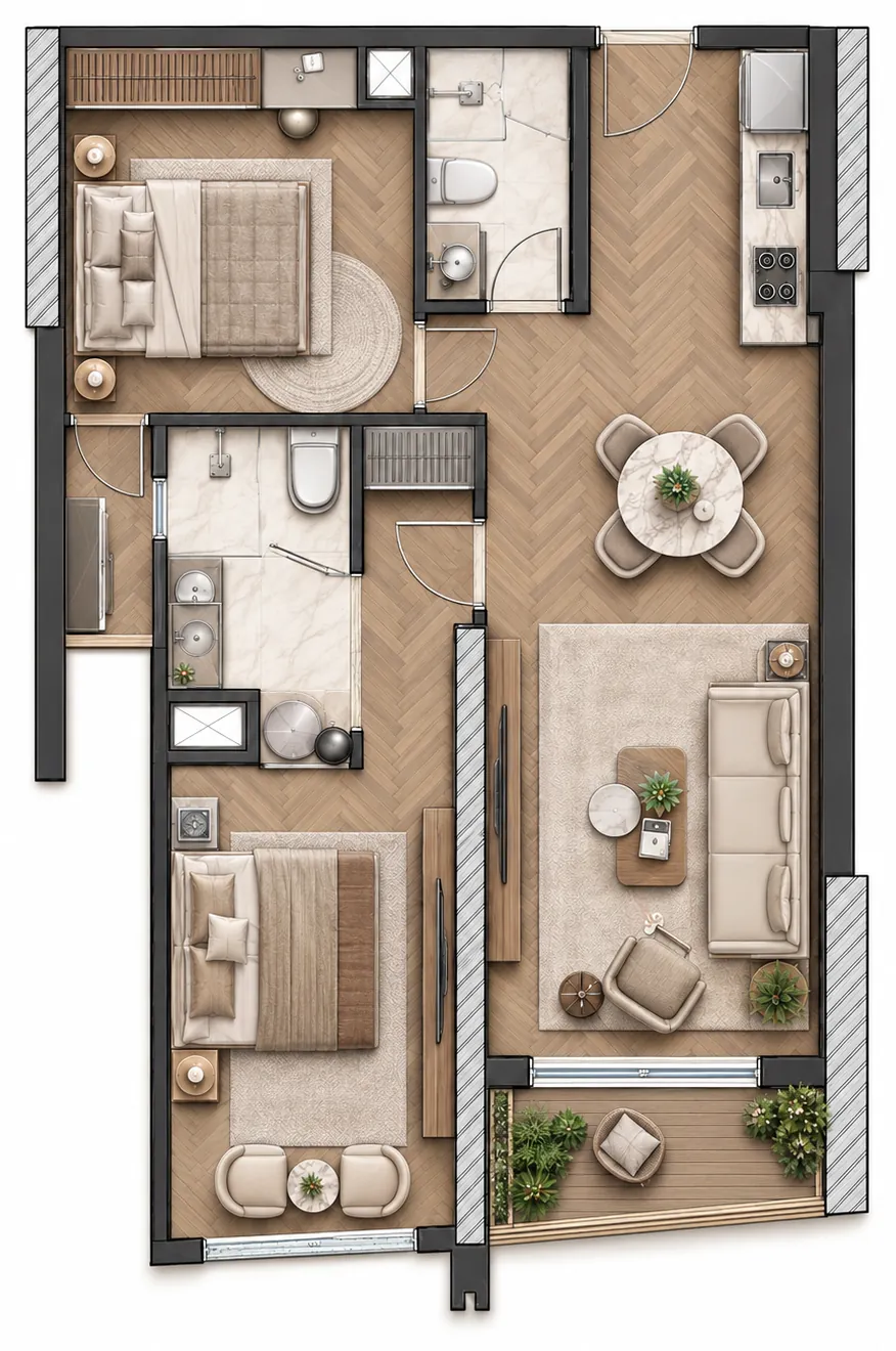 Layout of unit A9 – 2 bedrooms