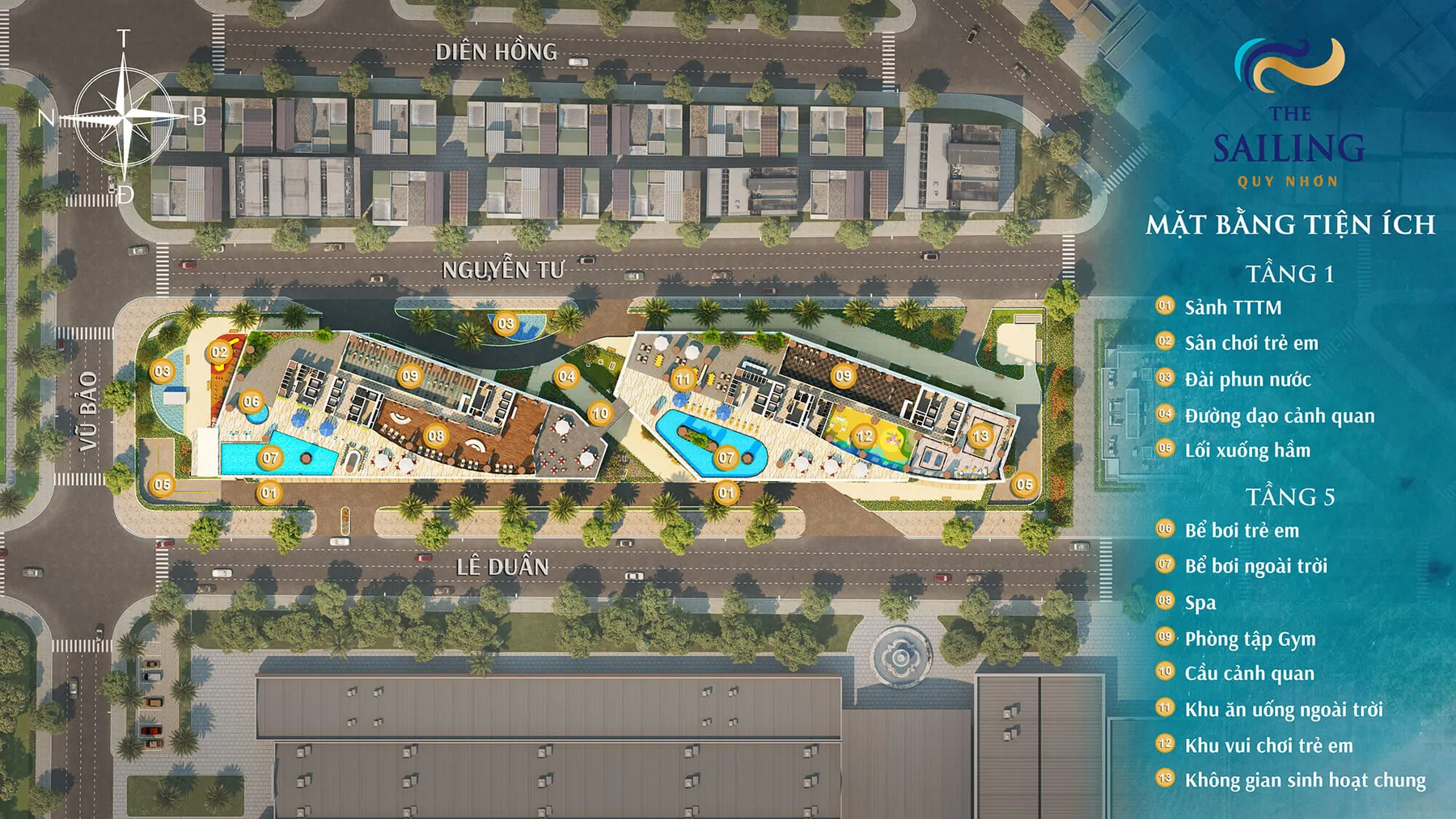 Amenity plan of floors 1 and 5 at The Sailing Quy Nhon
