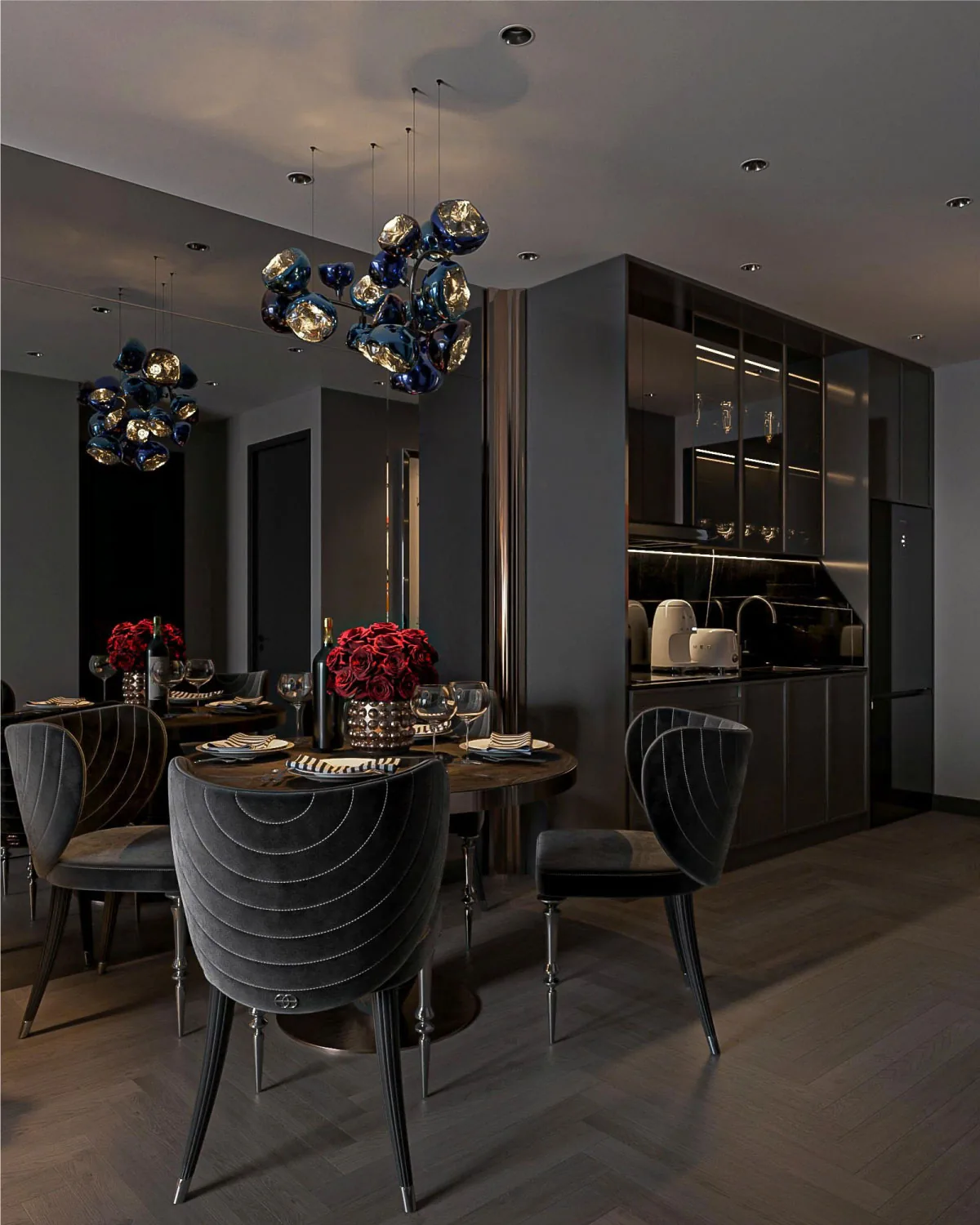 Dining table with artistic pendant lights