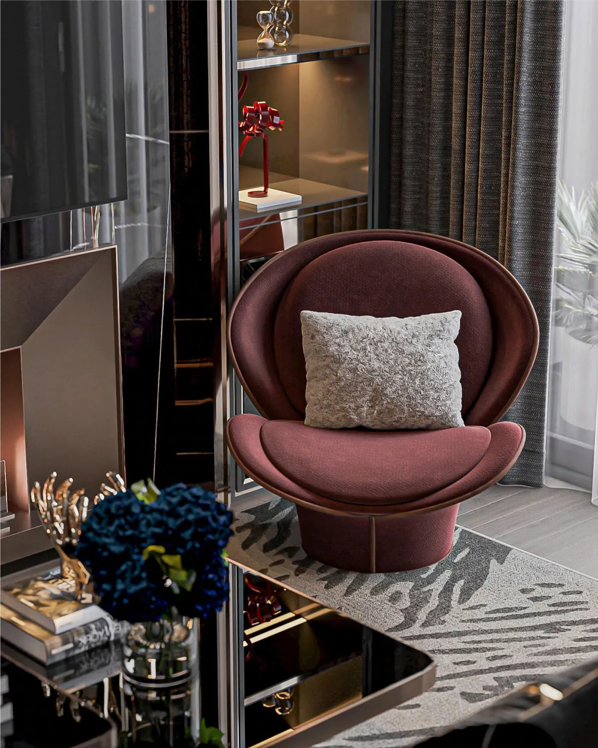Relaxation corner with a burgundy armchair