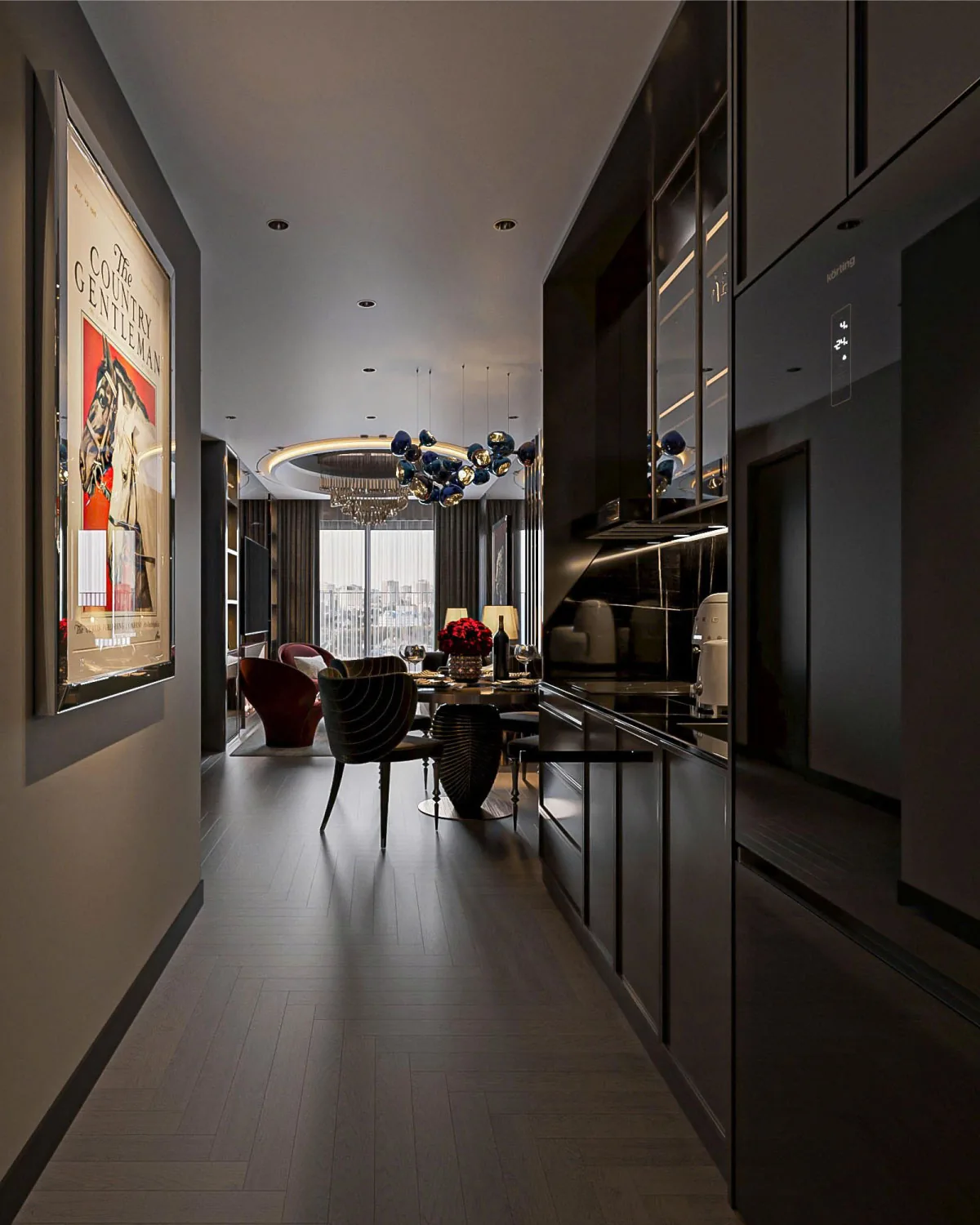 Hallway with built-in wardrobes and artwork