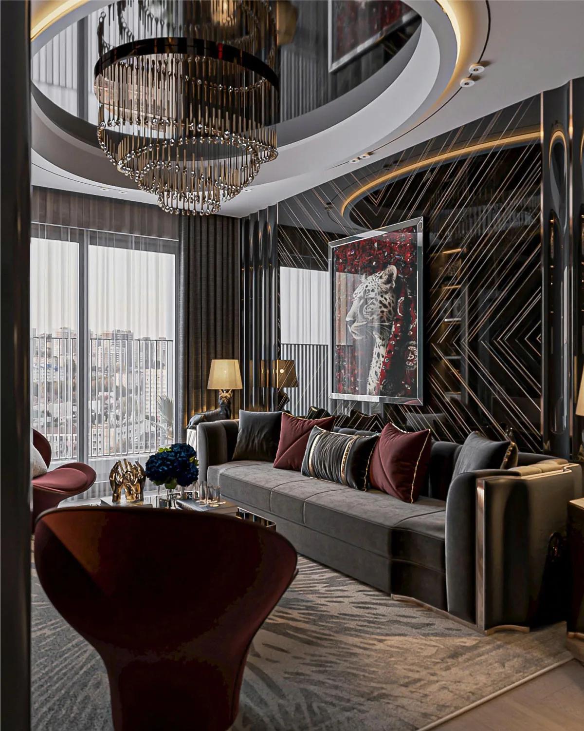 Show apartment living room with crystal chandelier