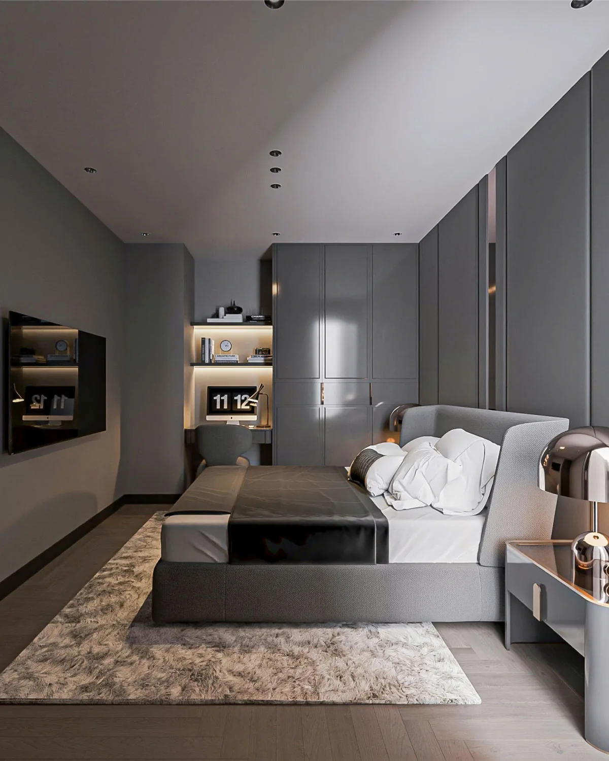 Modern grey-toned bedroom in the show apartment