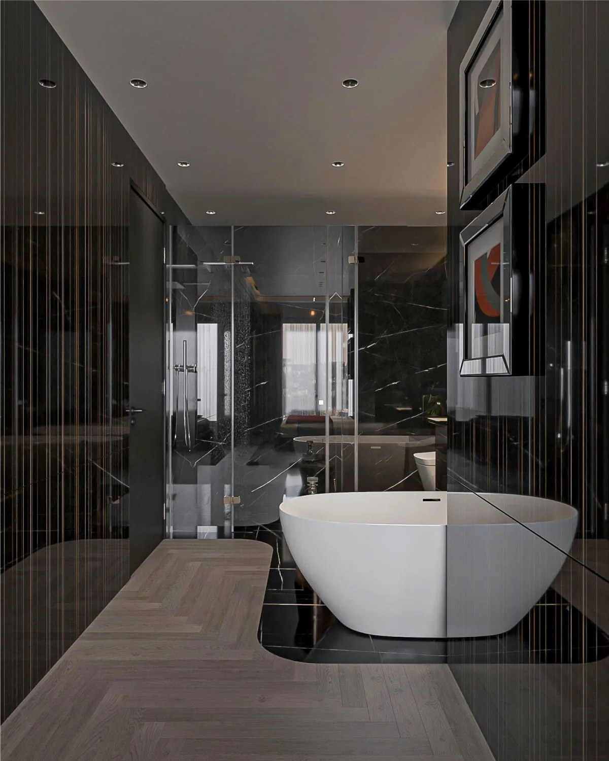 Glass bathroom with a white bathtub