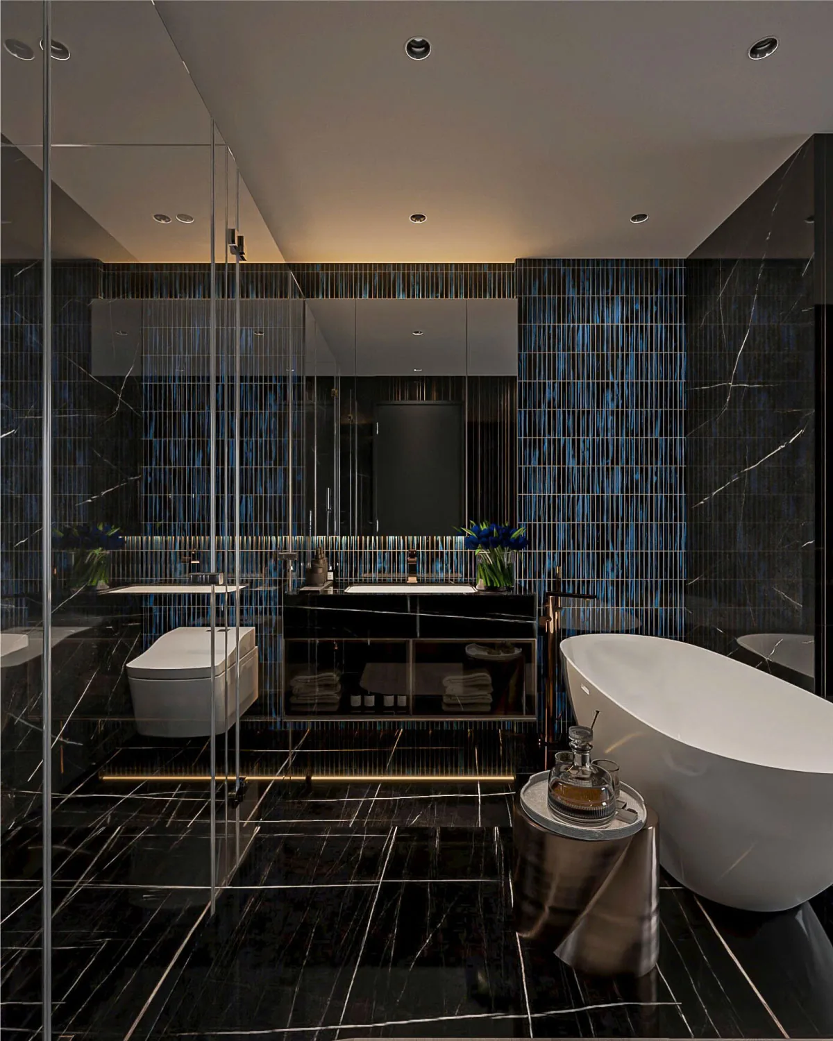Bathroom with freestanding tub and dark stone walls