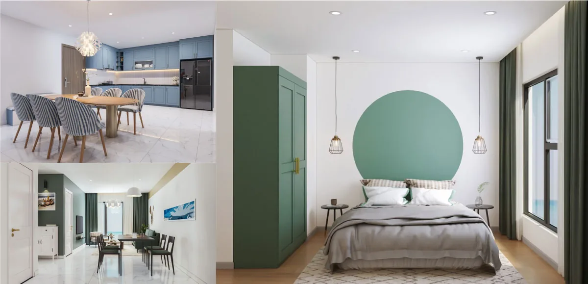 1-bedroom interior: kitchen, dining area and bedroom