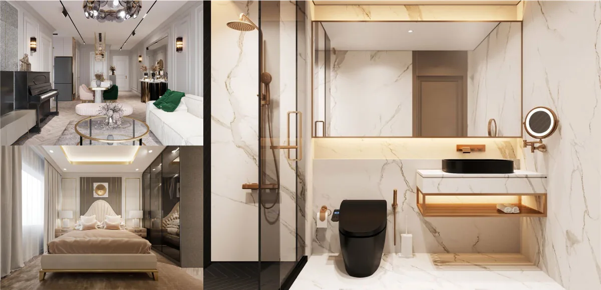 2-bedroom interior: living room and stone-clad bathroom