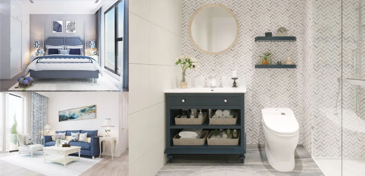 3-bedroom interior: bedroom and blue-toned living room