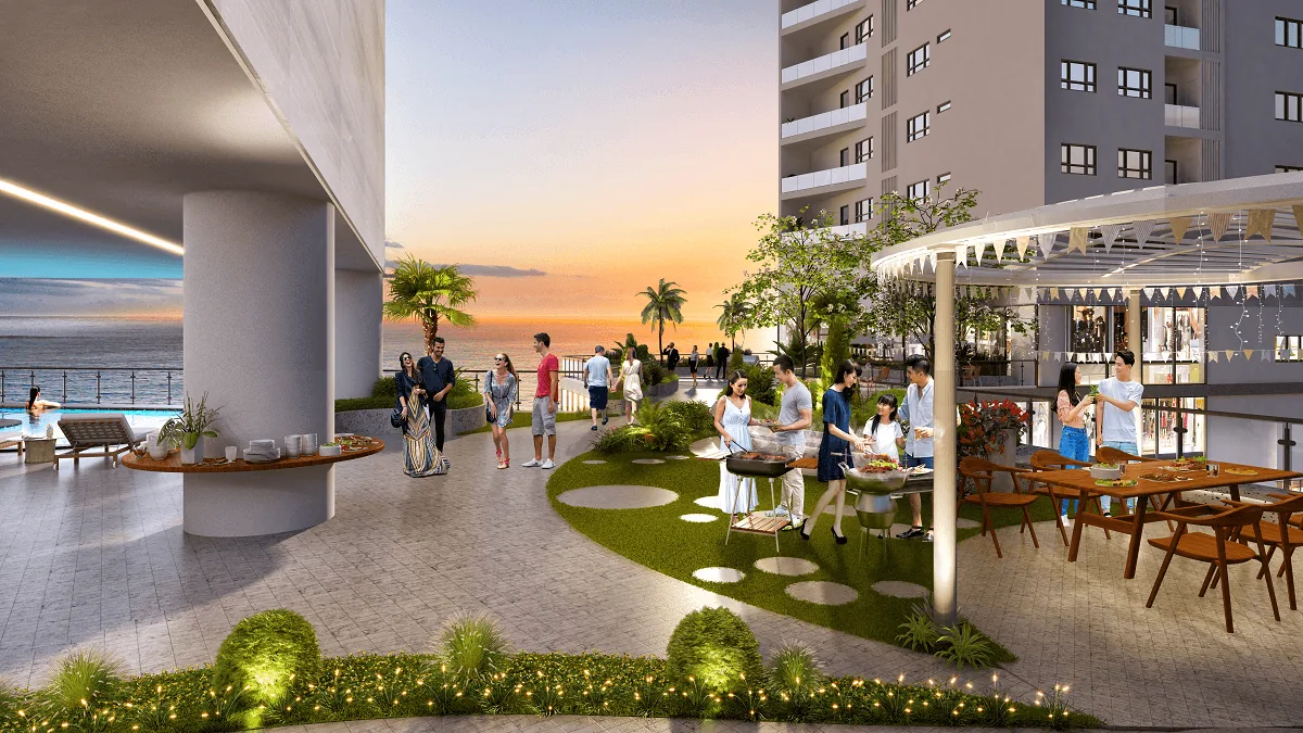 Outdoor BBQ and dining area at sunset